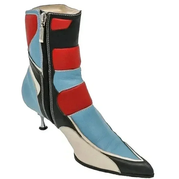 RARE Y2K Red Blue Club Kid Moto Pointed Boots 37 Leather Ankle Kitten Heel Boots - Picture 5 of 5